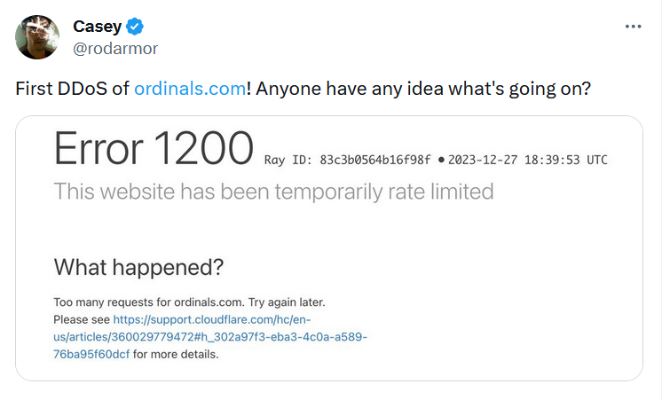 Сайт Ordinals пострадал от DDoS-атаки