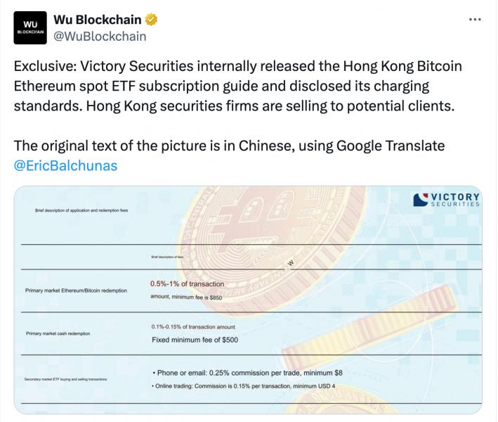 Гонконгская инвестиционная компания Victory Securities раскрывает комиссии биткоин и Ethereum ETF