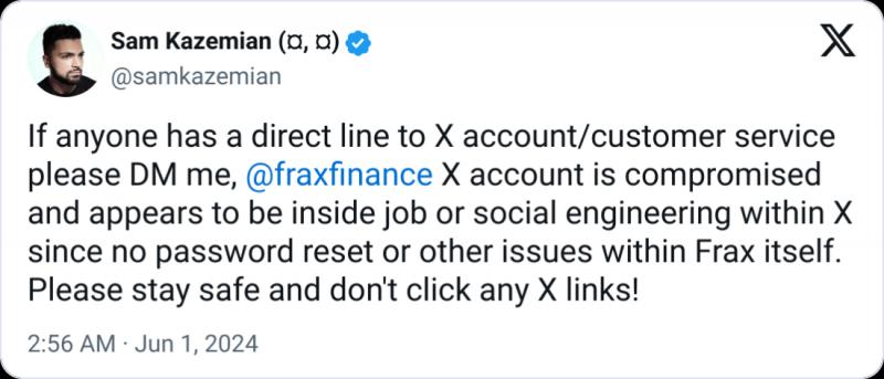 Аккаунт Frax Finance на X взломан «инсадером» в офисе Илона Маска, считает глава протокола DeFi