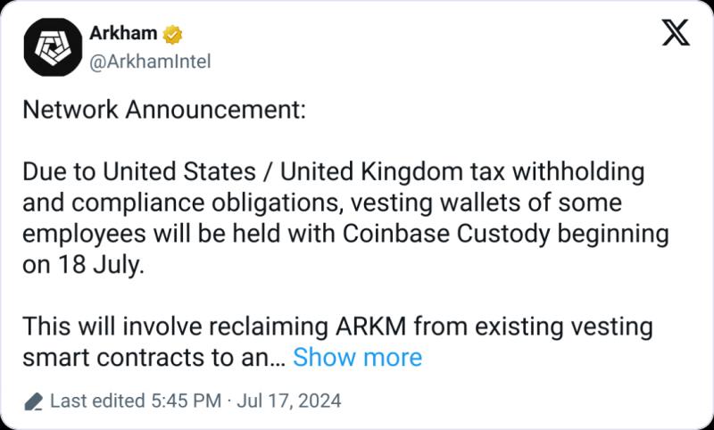 Arkham передает ARKM на $487 млн в Coinbase Prime для соблюдения налогового законодательства