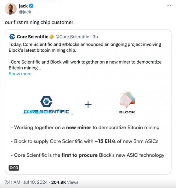 Jack Dorsey’s Block поставит компании Core Scientific 3‑нм ASIC‑чипы для майнинга