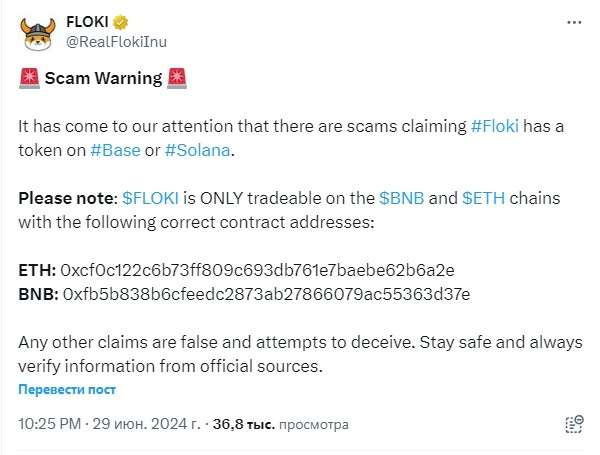 Мошенники распространяют информацию о выпуске Floki на Solana и Base