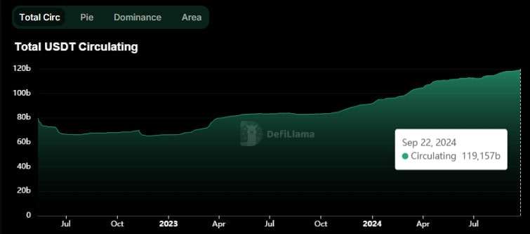 Капитализация стейблкоина USDT поднялась до почти $120 млрд