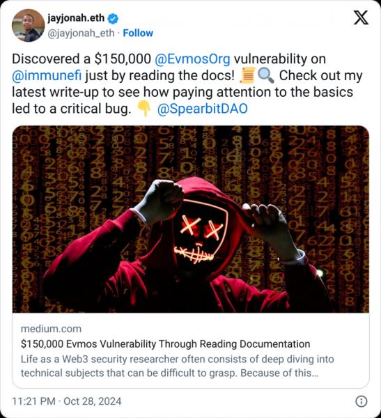 Evmos выплачивает $150 тыс вознаграждения за критическую ошибку в документации Cosmos