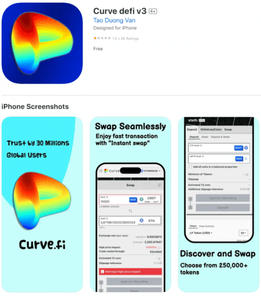 Поддельное приложение Curve Finance вошло в топ-100 приложений